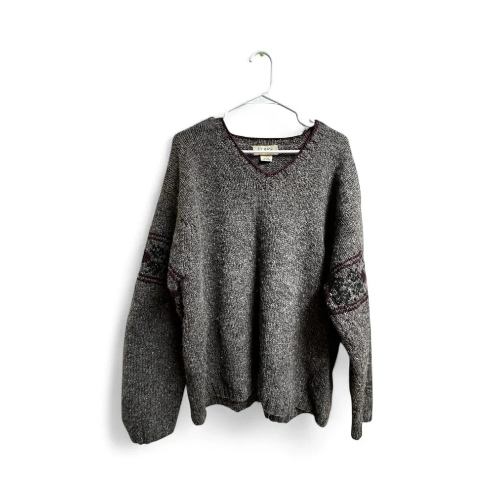 J.Crew Handknit 100% Wool V-Neck Sweater L Gray Fair Isle Sleeve Trim